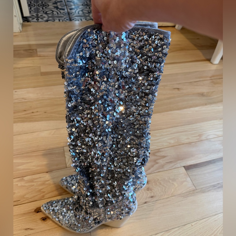 Steve Madden hi heel Boots Tyrus silver Sequin - size 6! NEW! - Picture 5 of 9